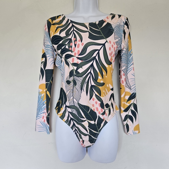 Long Sleeves Cross-Back Tropical Print Swimsuit Womens M Summer Vacation UPF 50+ - Picture 1 of 10